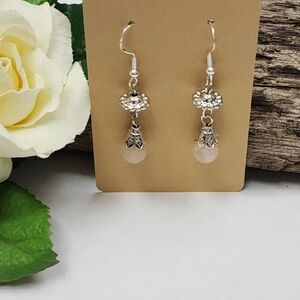 Hand Crafted Dangle Earrings With Peach Stone Beads And Silver Toned Accents